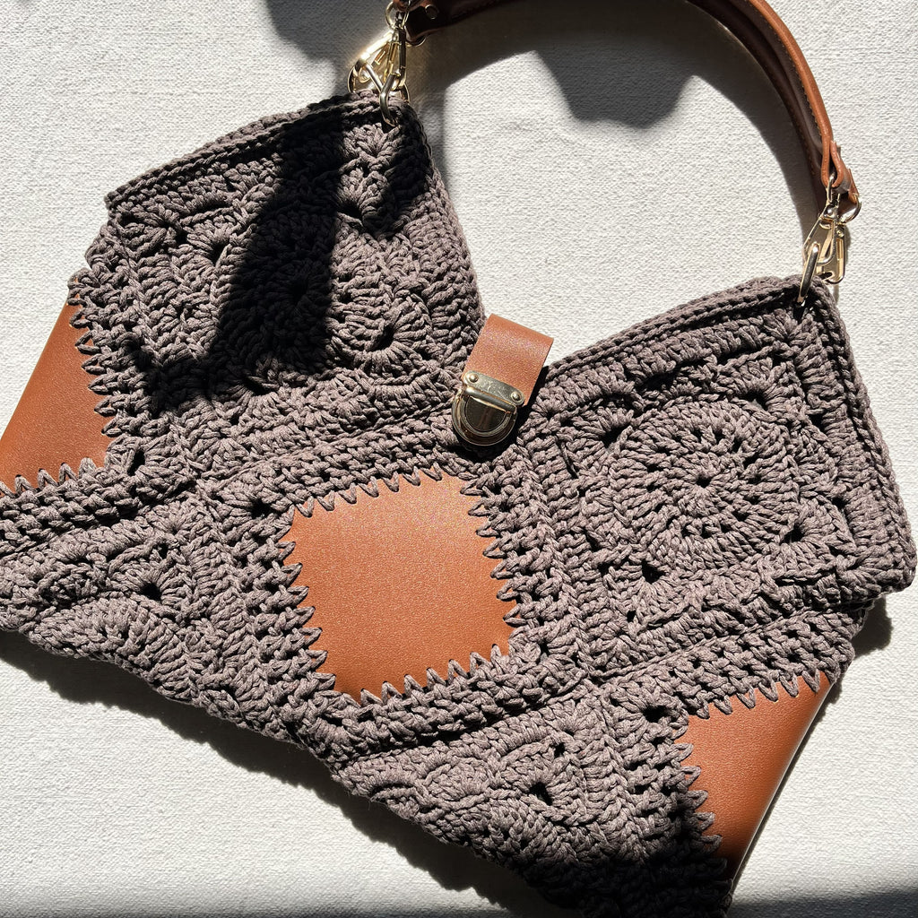 Sac Carrés | Coton Crocheté et cuir | Taupe