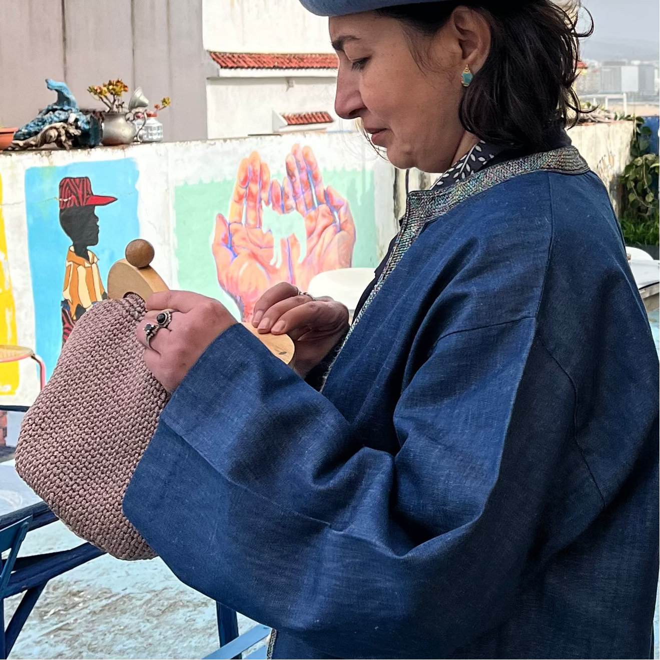 Sac férmoir | Coton | Marron