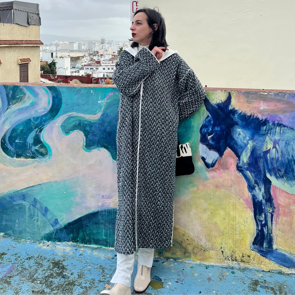 Jellaba channel verte capuche blanche