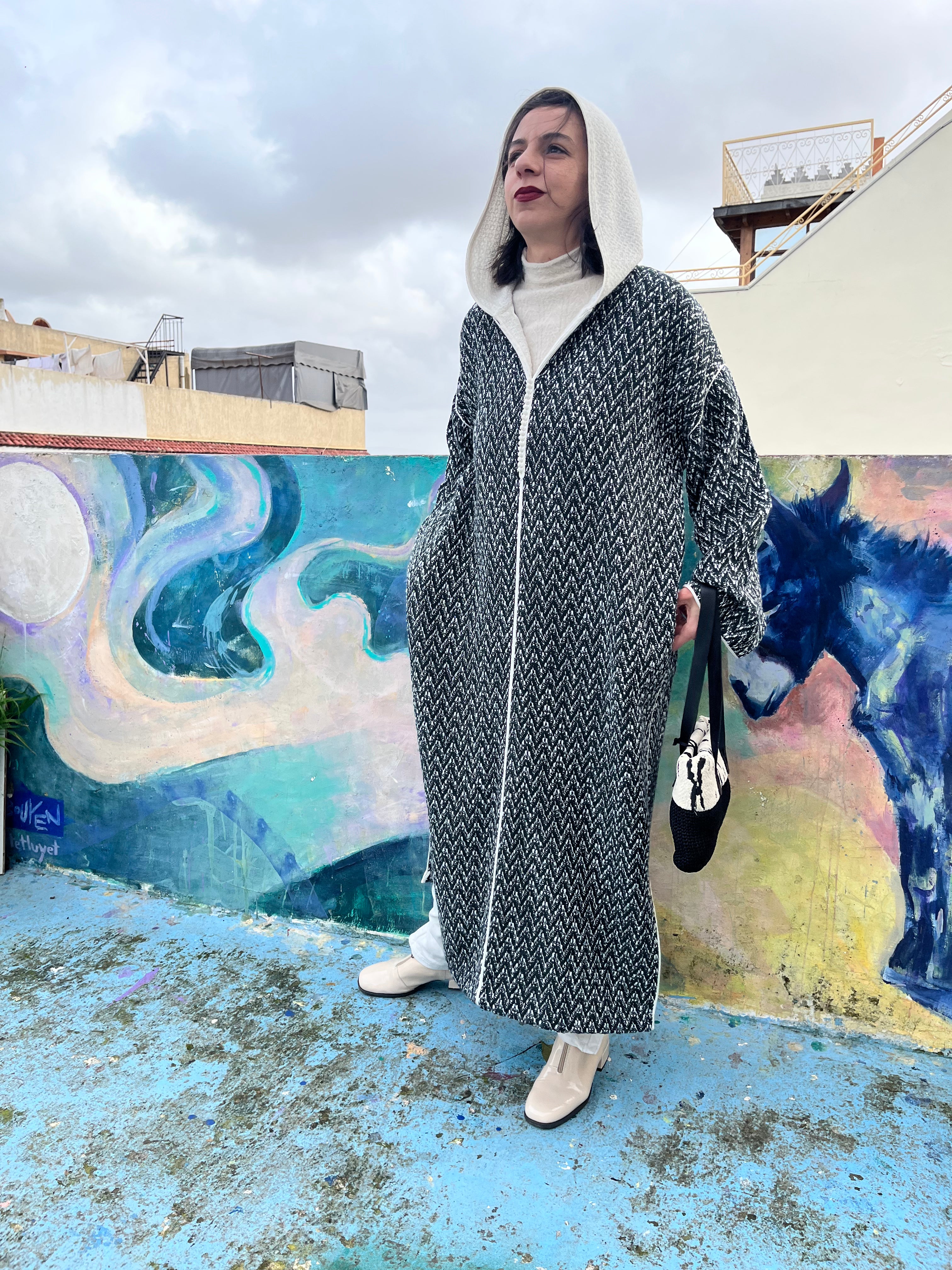 Jellaba channel verte capuche blanche