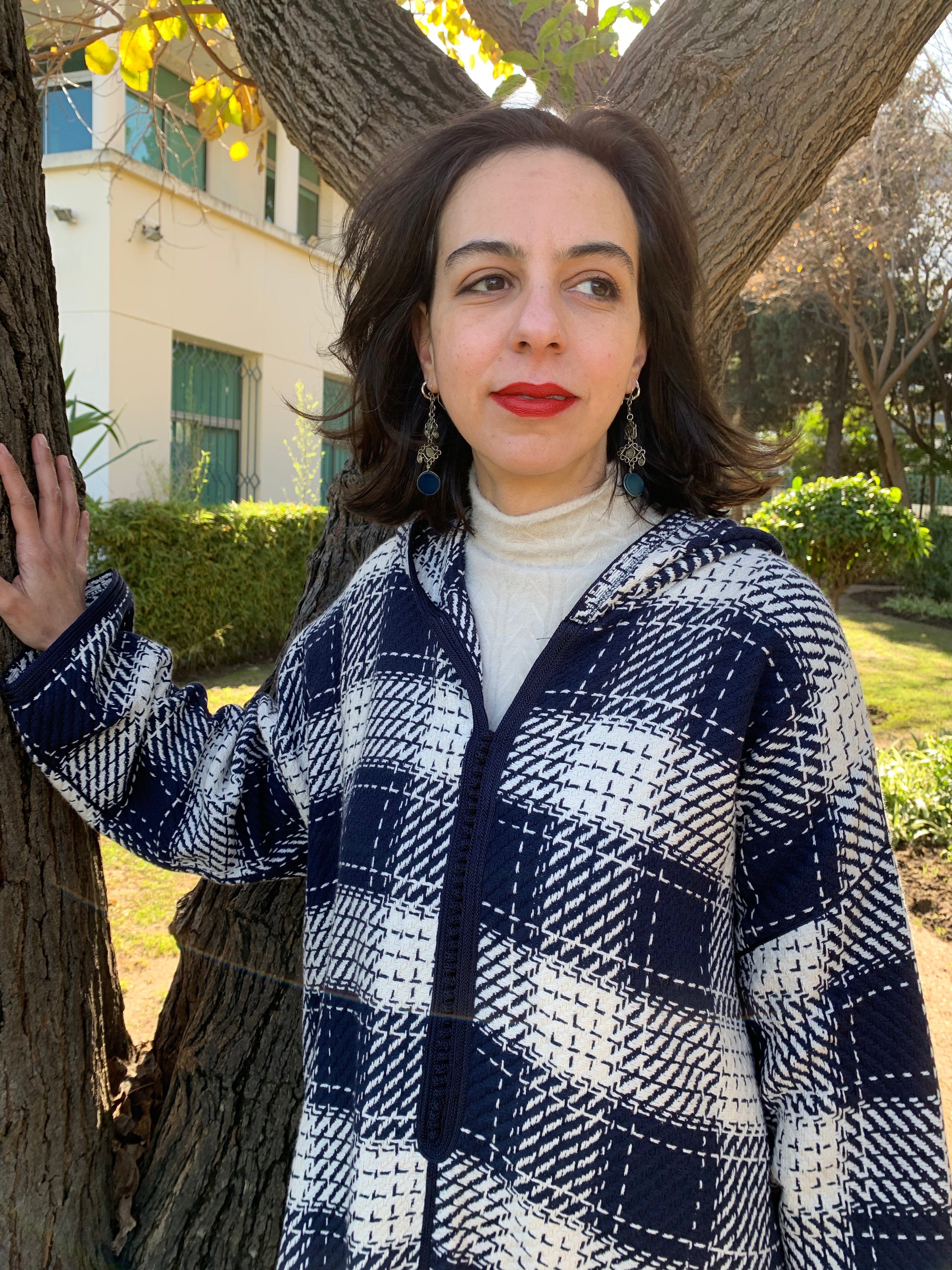 Jellaba à carreaux blanc et bleu marine