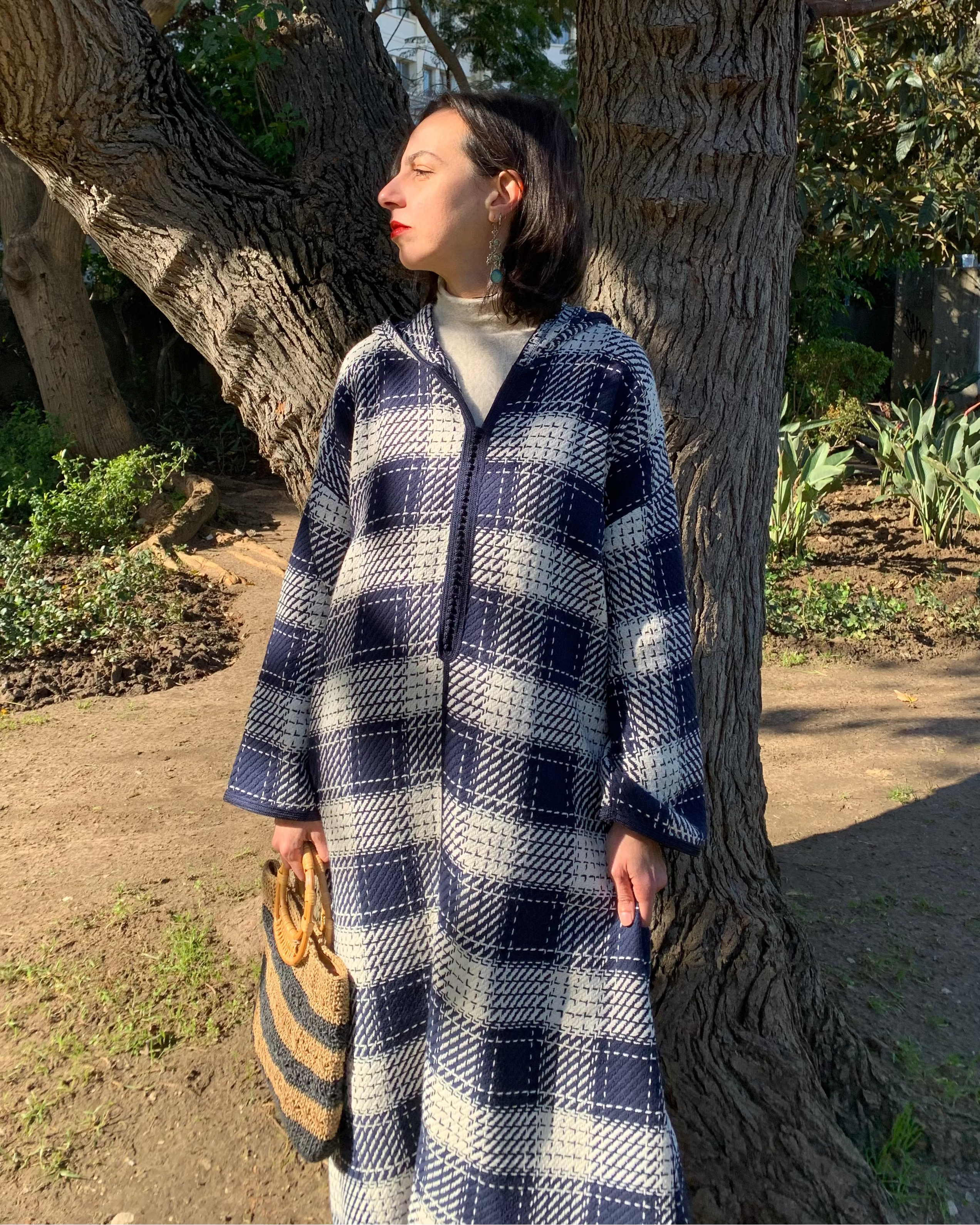 Jellaba à carreaux blanc et bleu marine