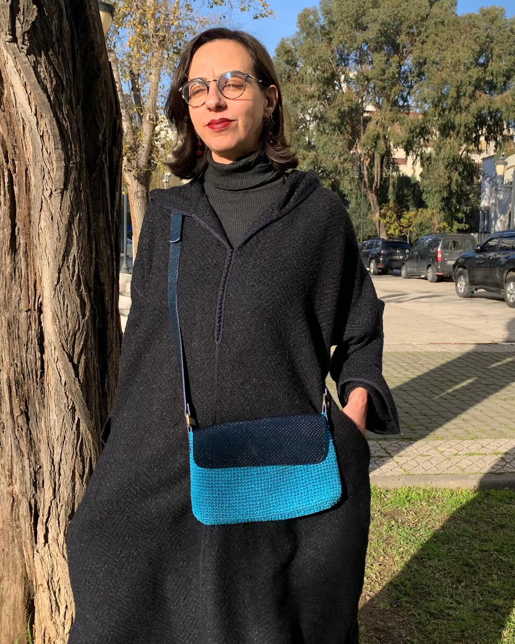 Sac anses en cuir| Raphia | Bleu