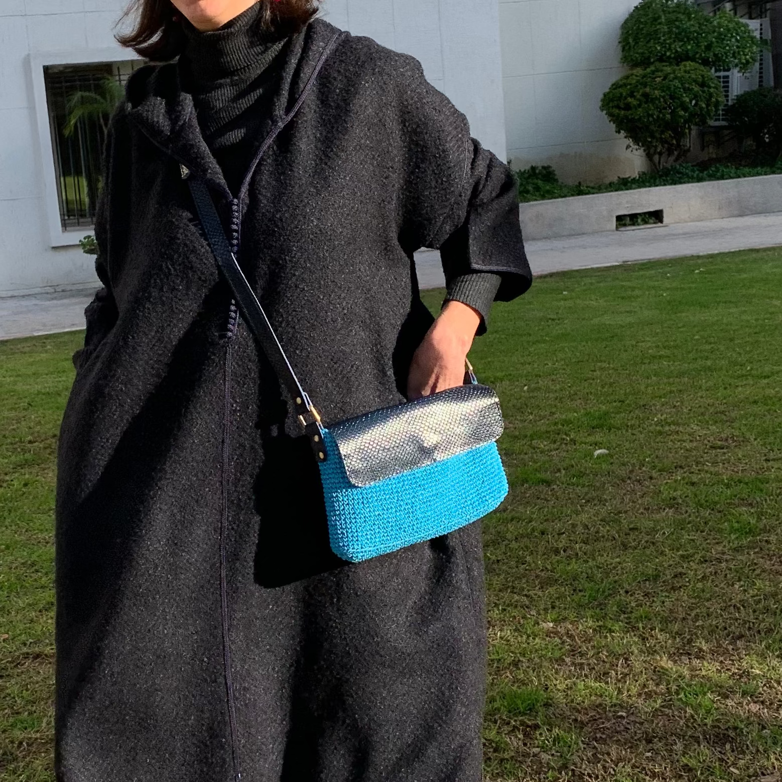 Sac anses en cuir| Raphia | Bleu