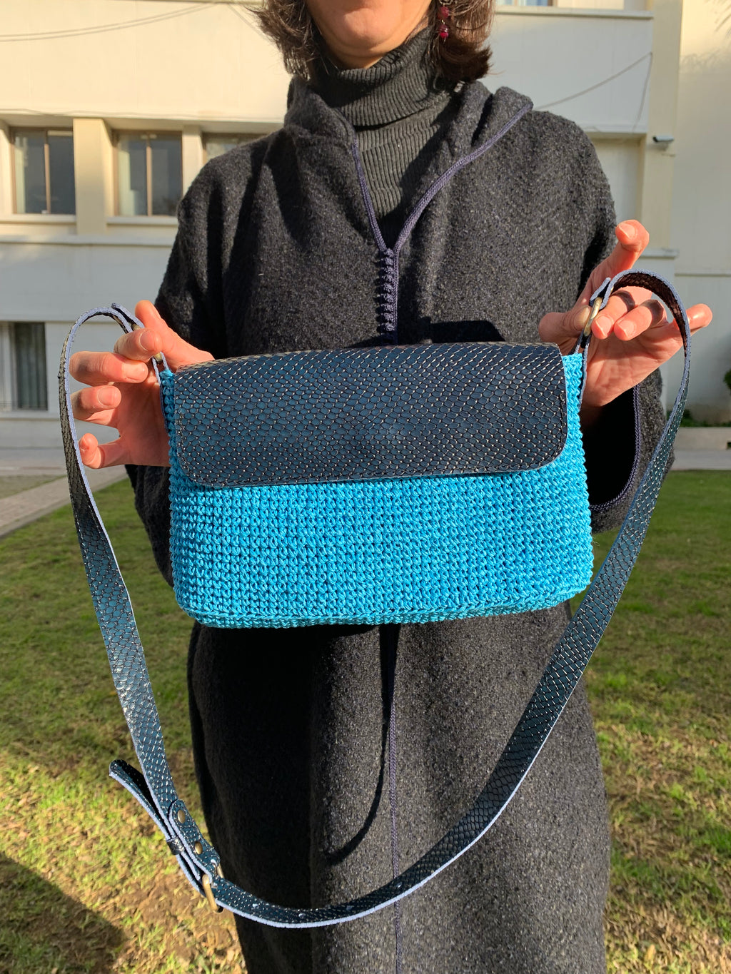 Sac anses en cuir| Raphia | Bleu