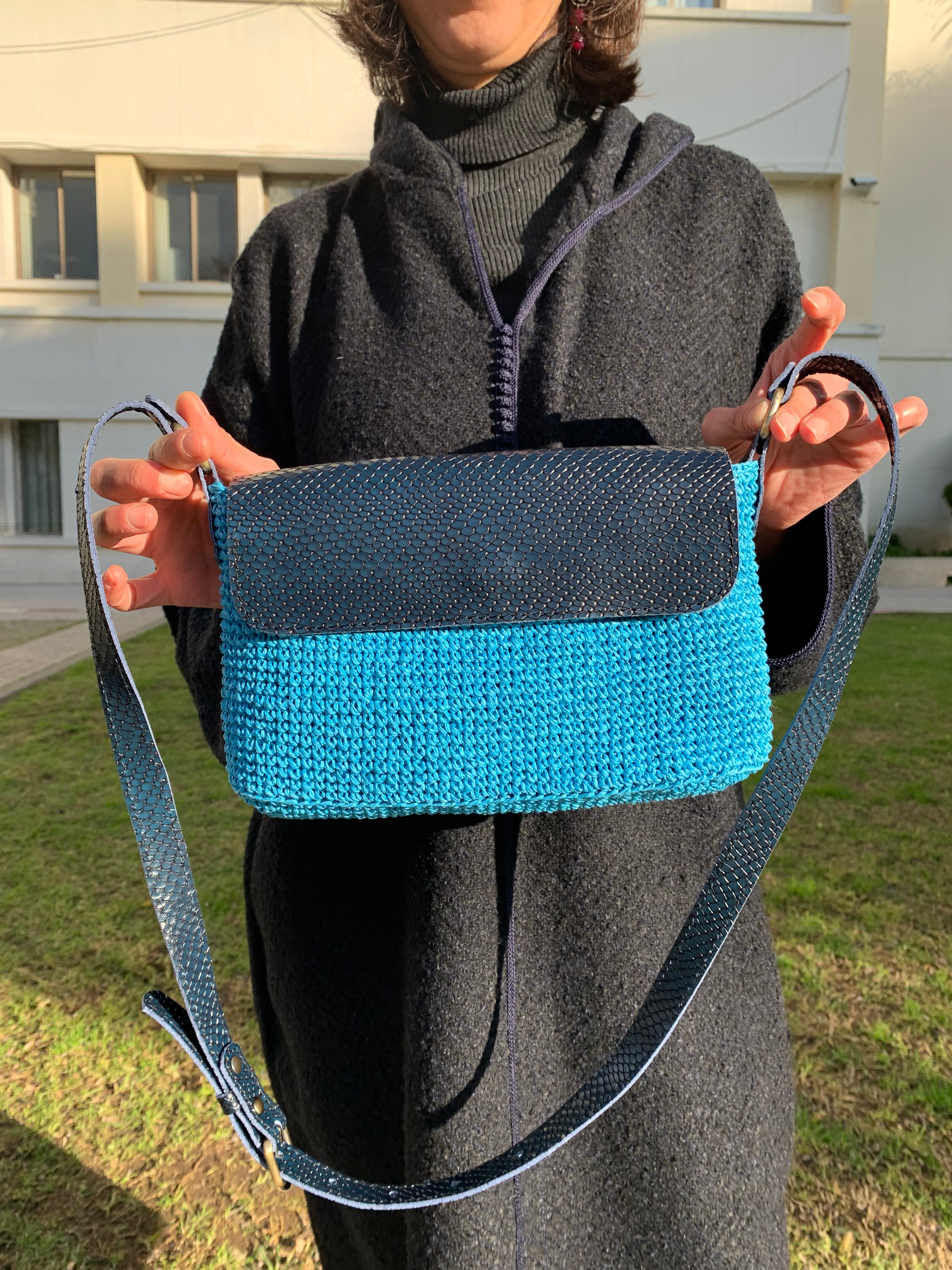 Sac anses en cuir| Raphia | Bleu