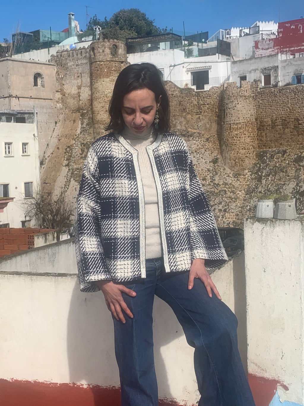 Veste courte channel bleu et blanc