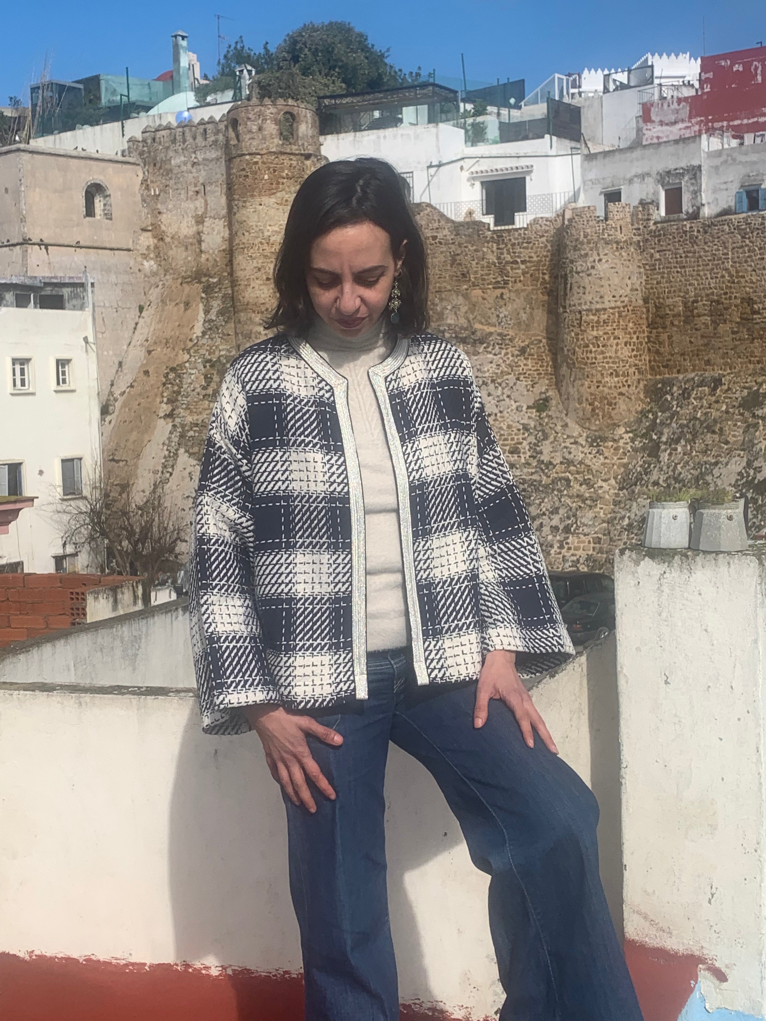 Veste courte channel bleu et blanc