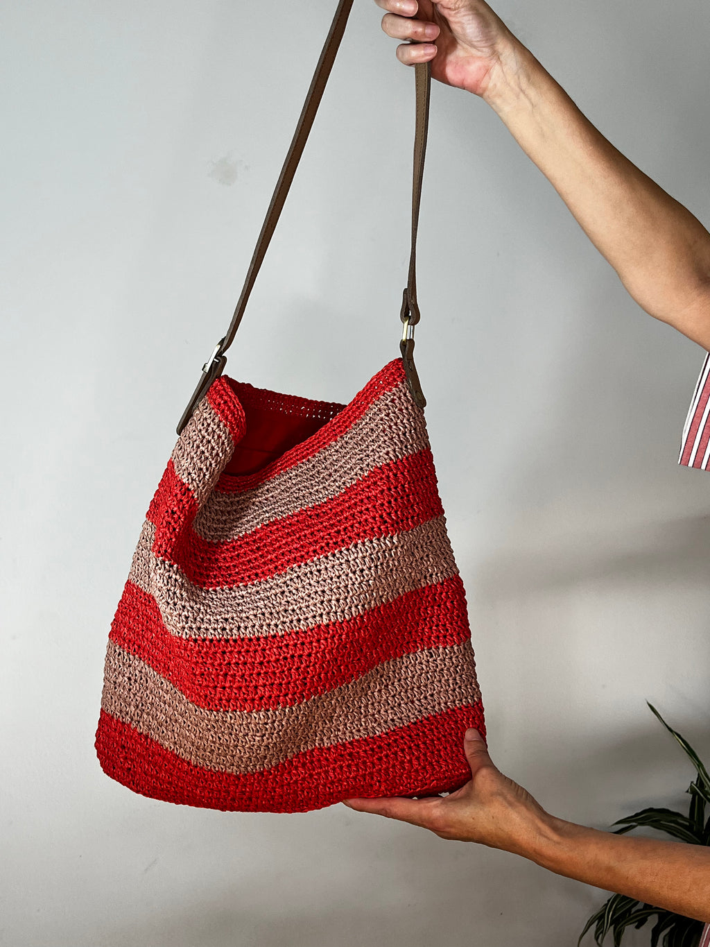 Sac plage | Raphia | Rayures rouges et roses