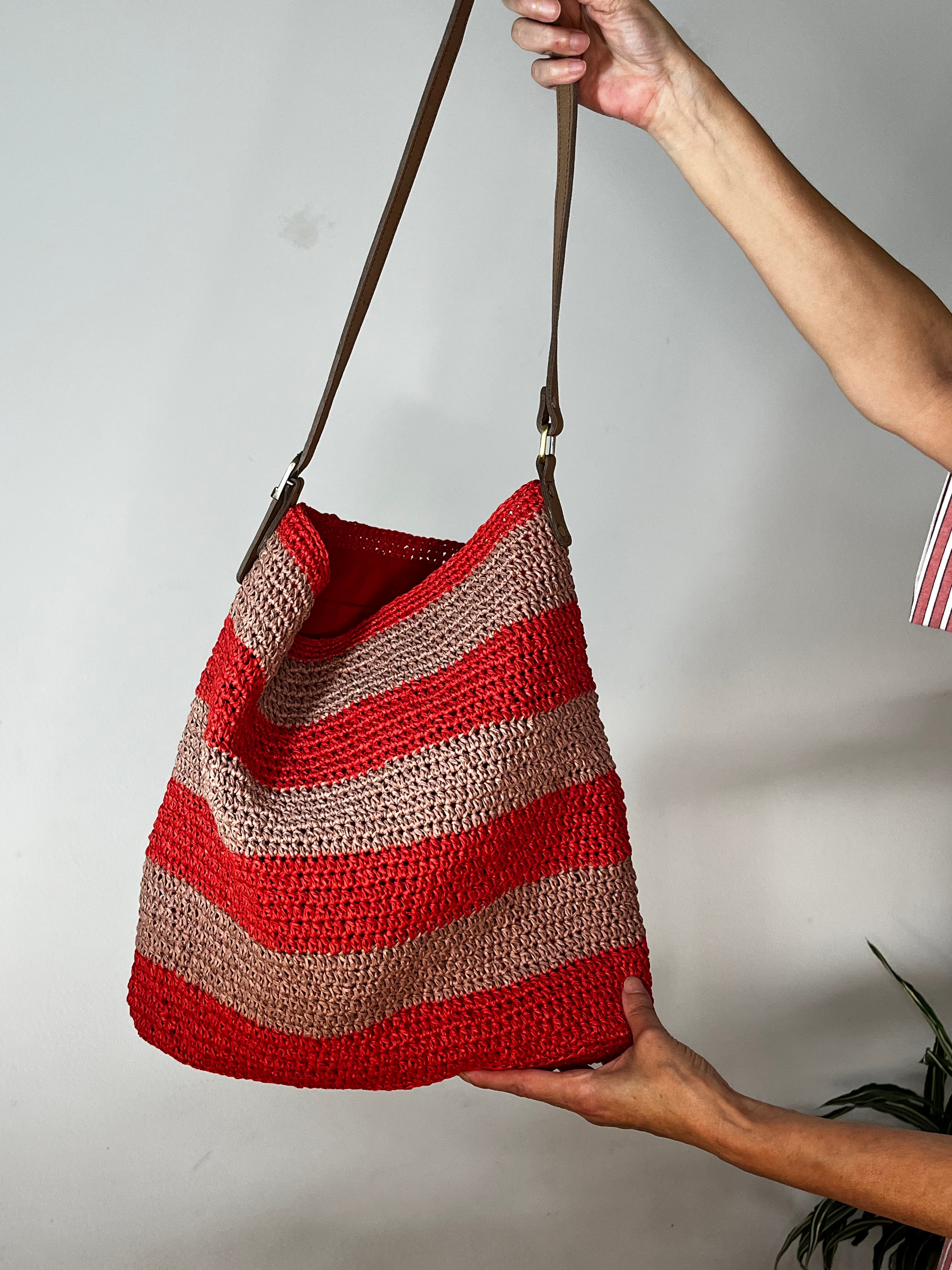 Sac plage | Raphia | Rayures rouges et roses