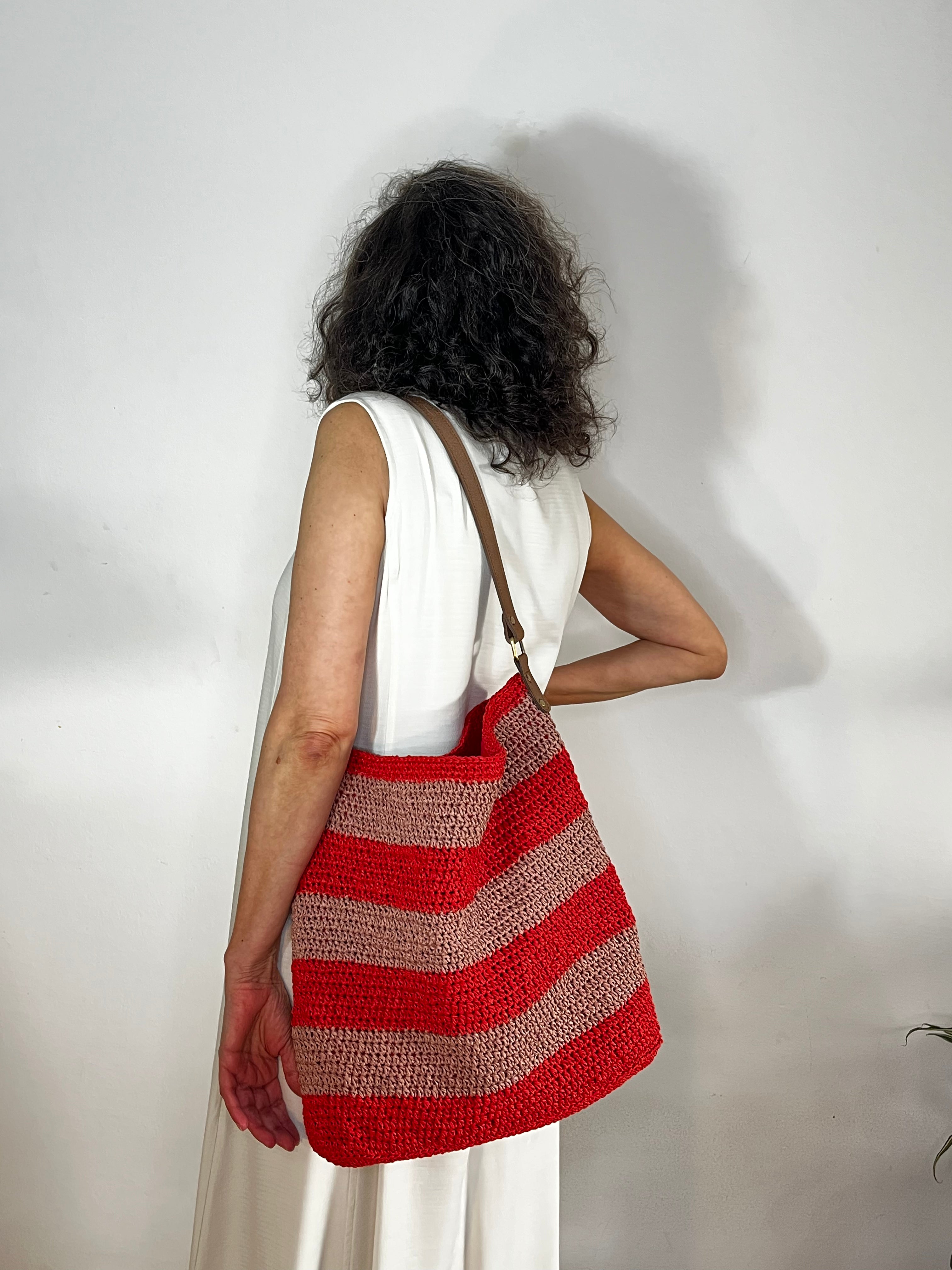 Sac plage | Raphia | Rayures rouges et roses