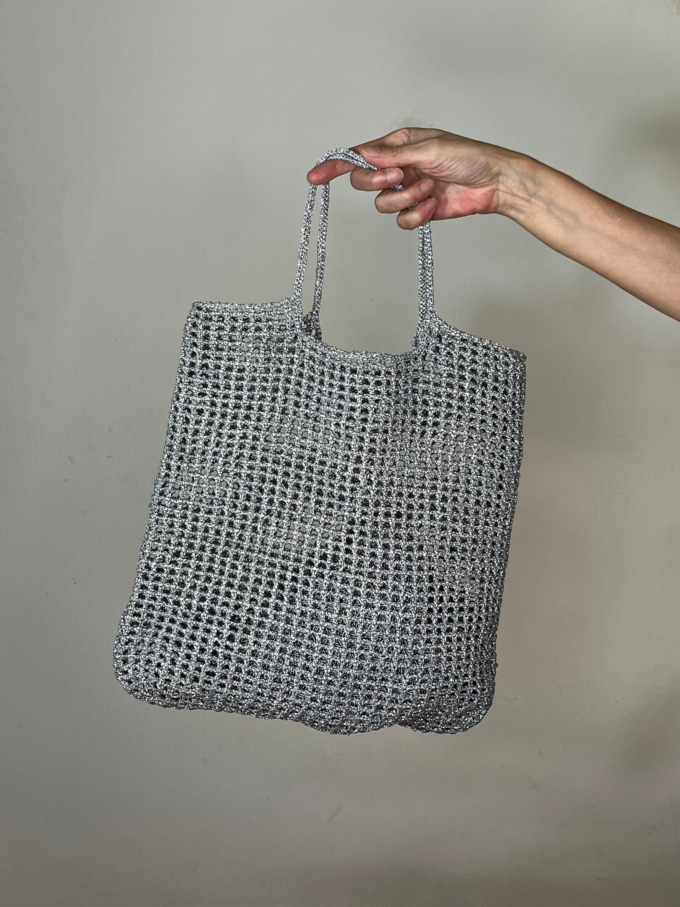 Sac panier | Grosses mailles | Argenté