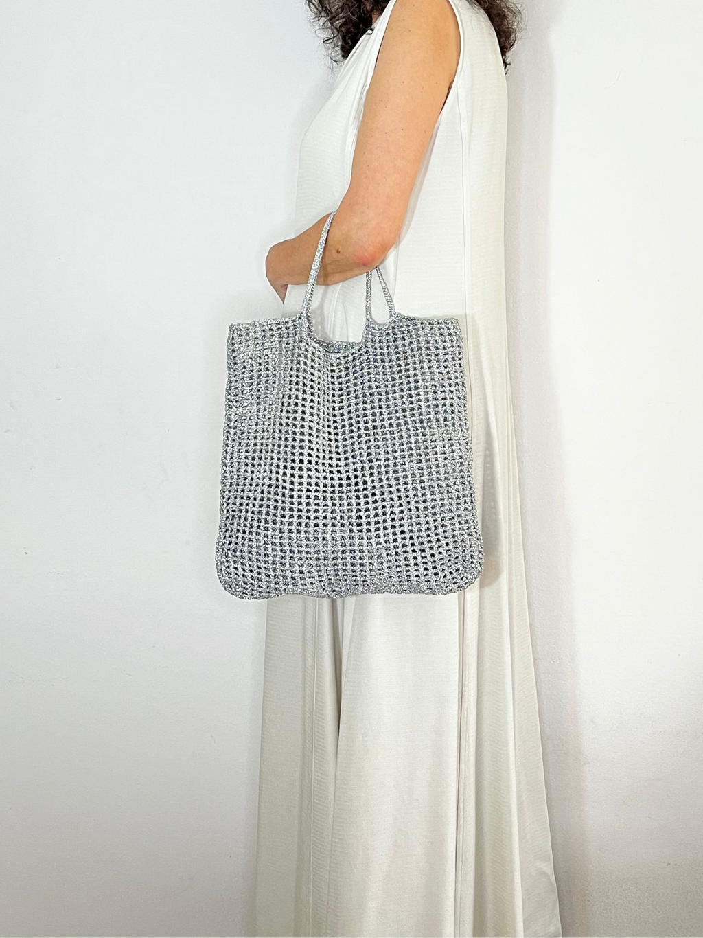 Sac panier | Grosses mailles | Argenté