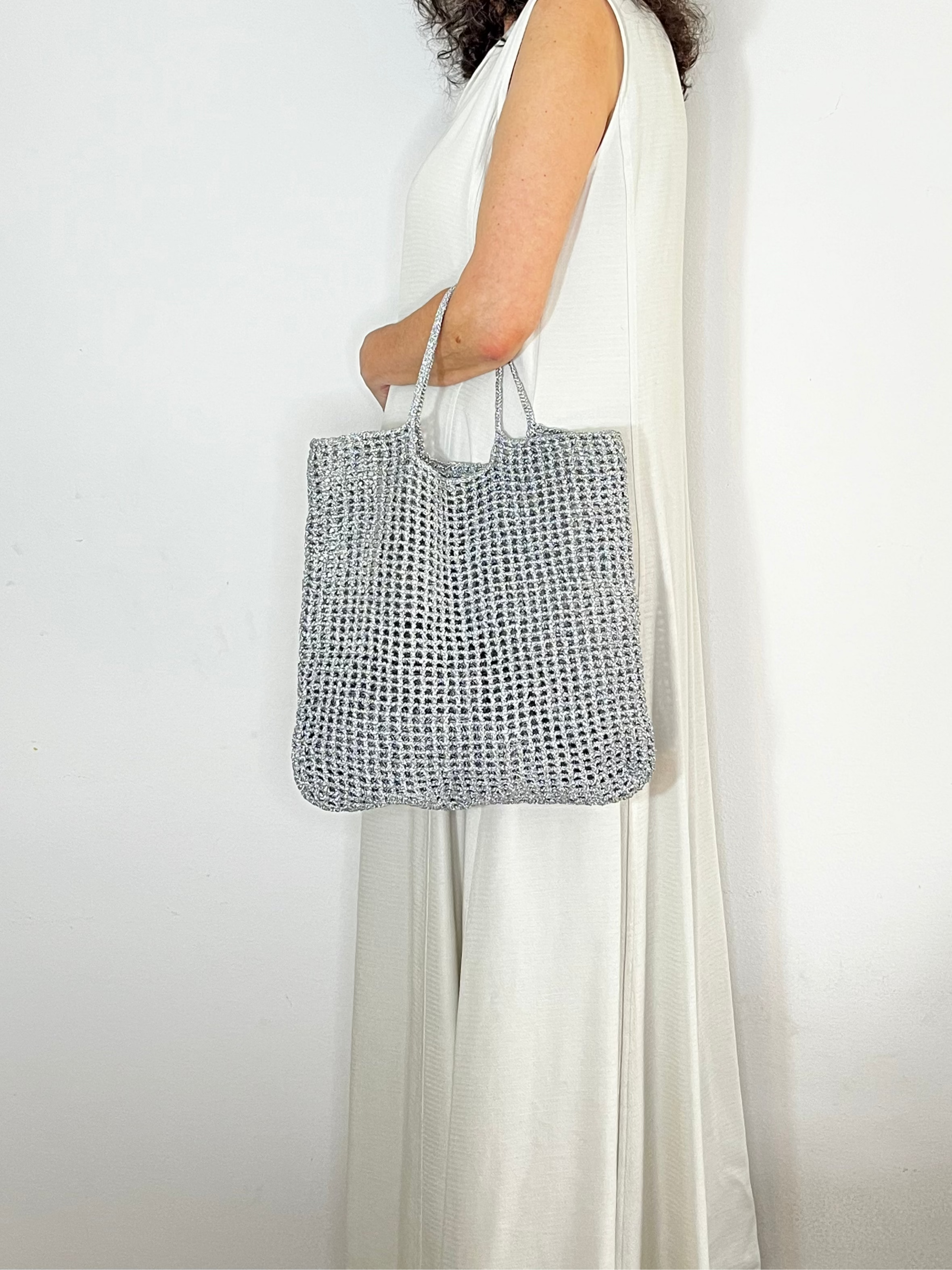 Sac panier | Grosses mailles | Argenté