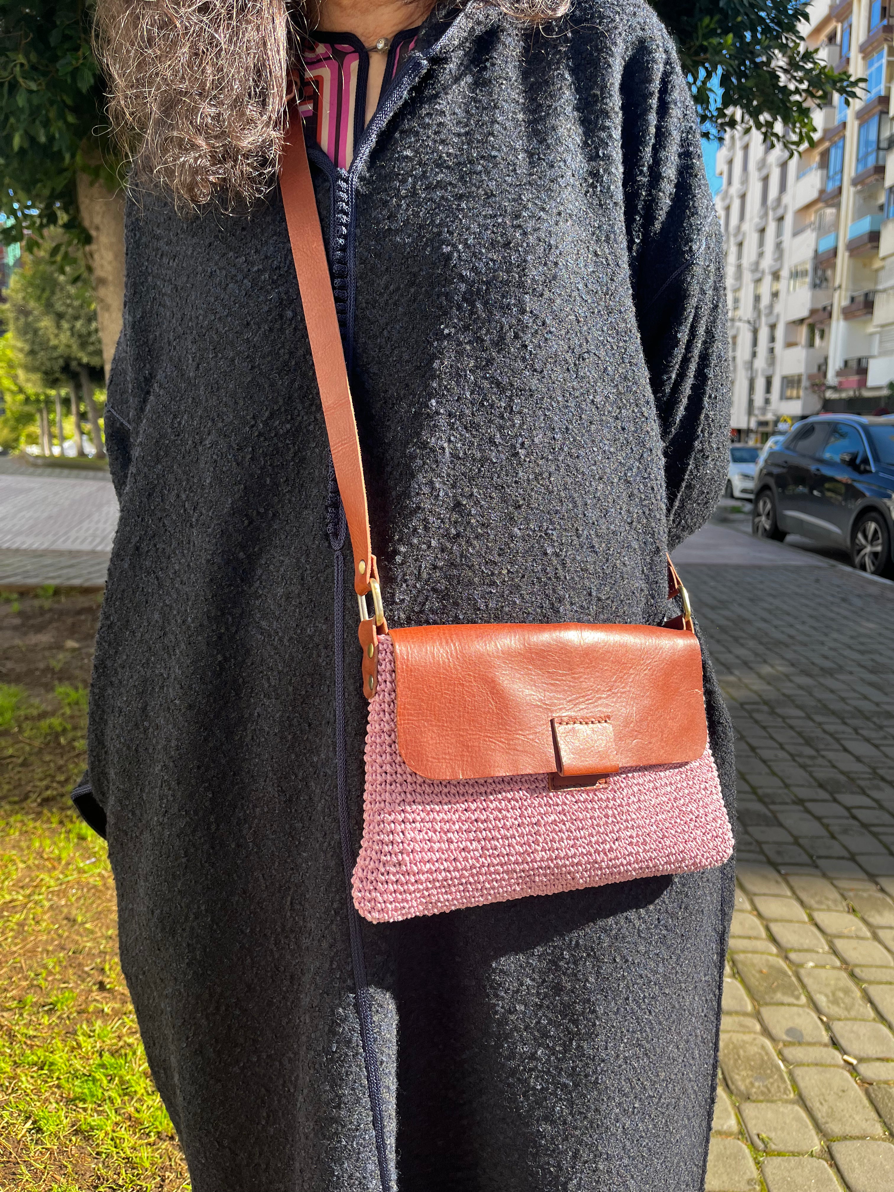 Sac anses en cuir| Raphia | Rose