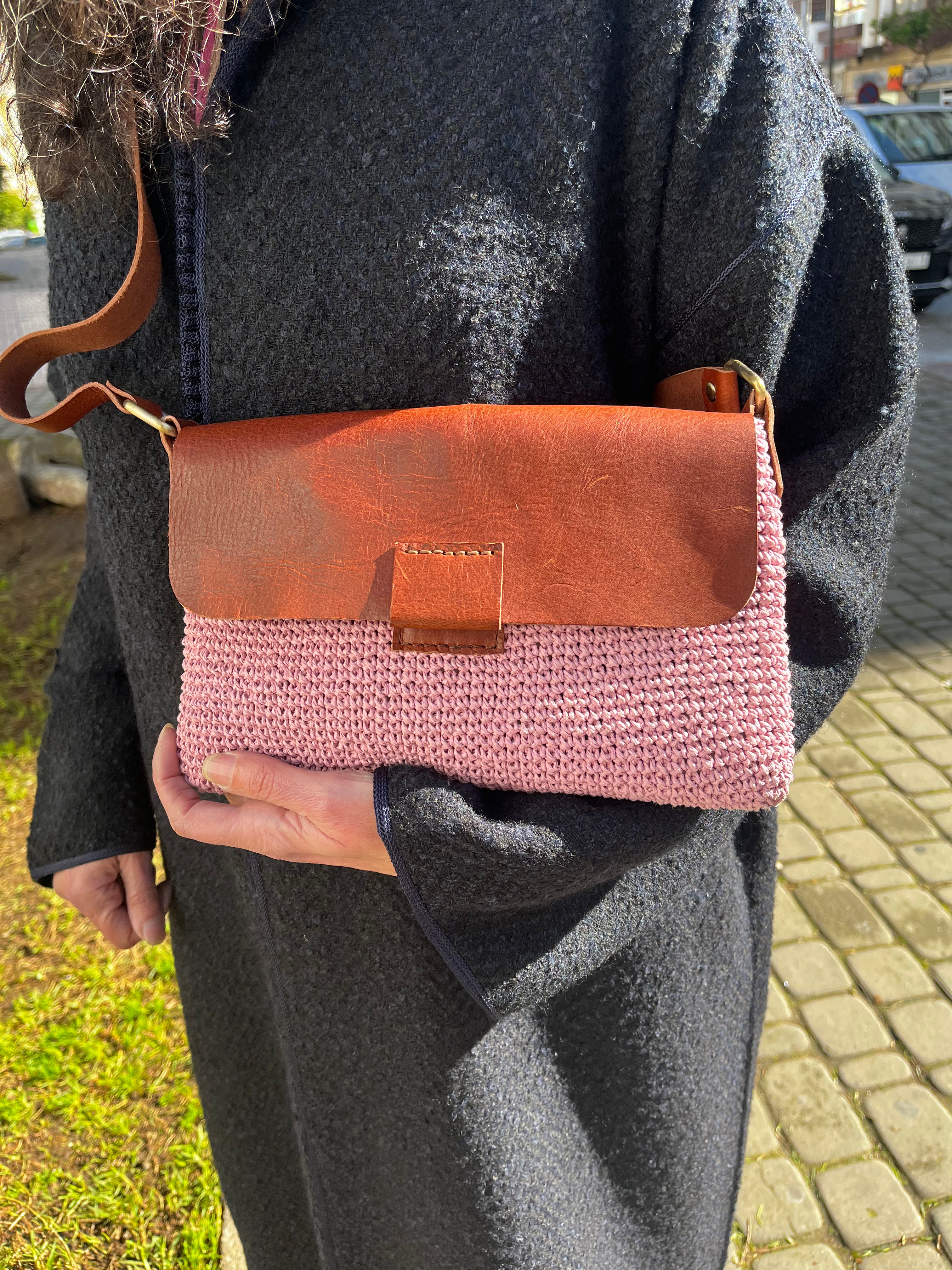 Sac anses en cuir| Raphia | Rose