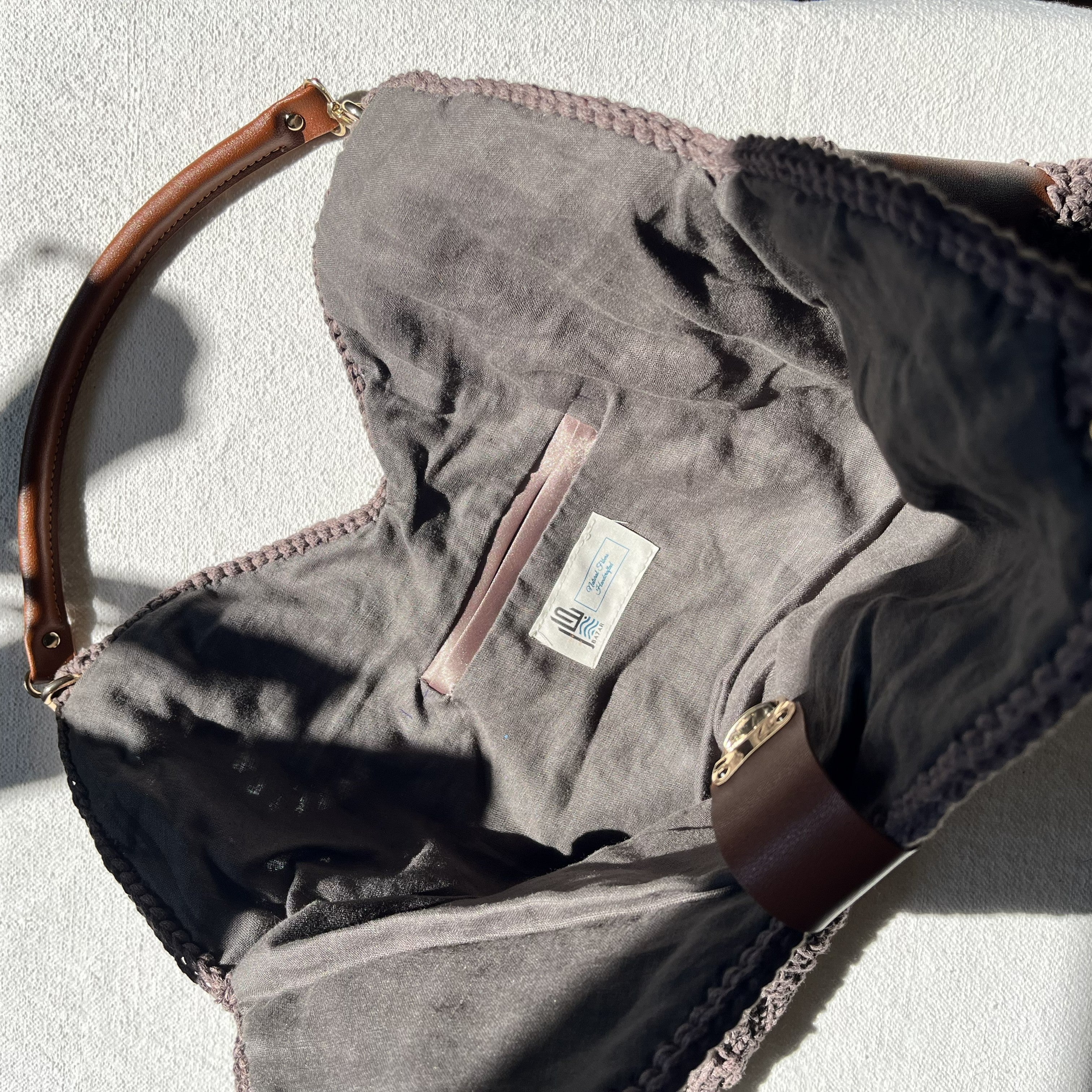 Sac Carrés | Coton Crocheté et cuir | Taupe