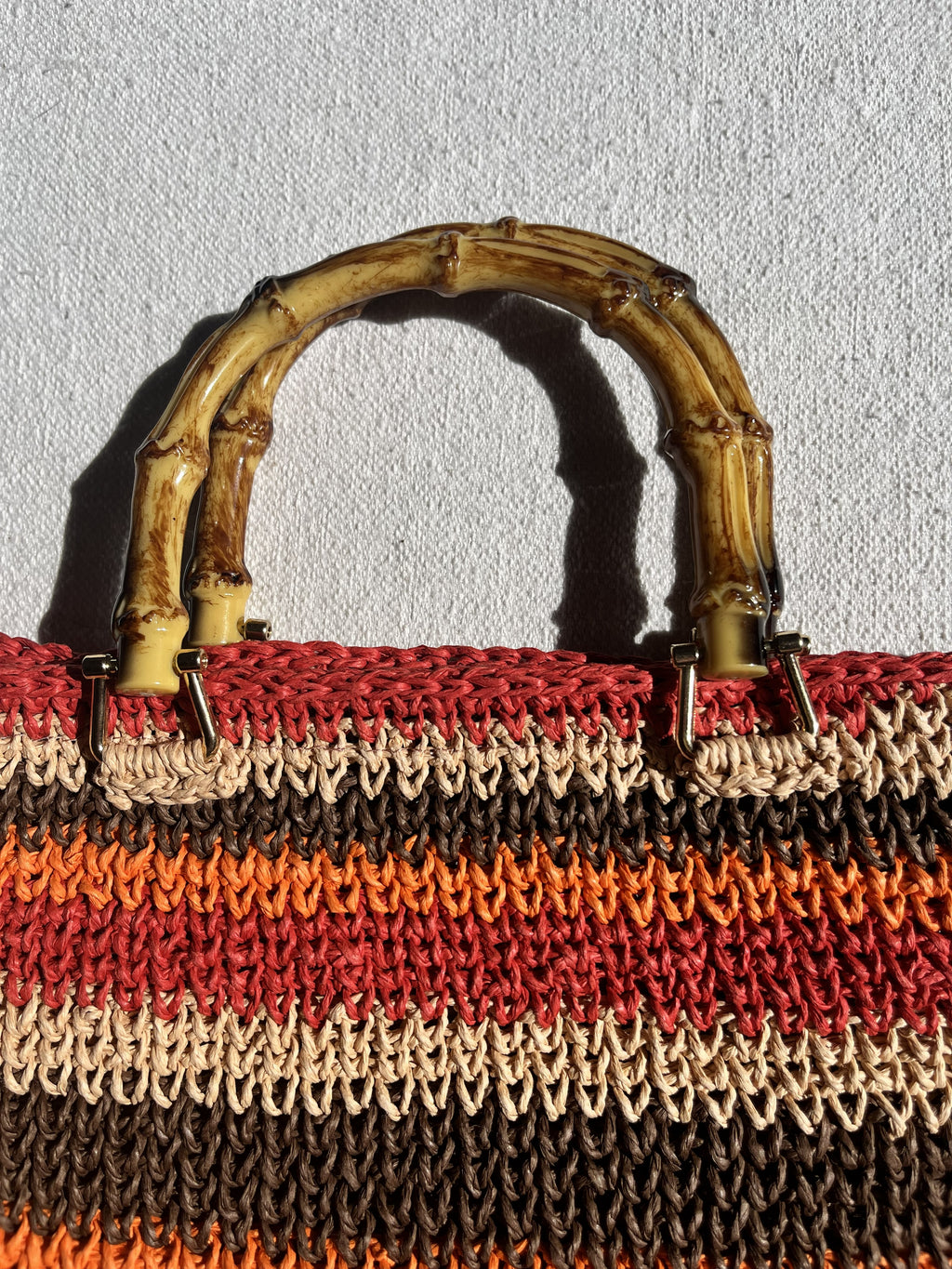 Sac cabas tressé main | Raphia |  Rayures terracotta