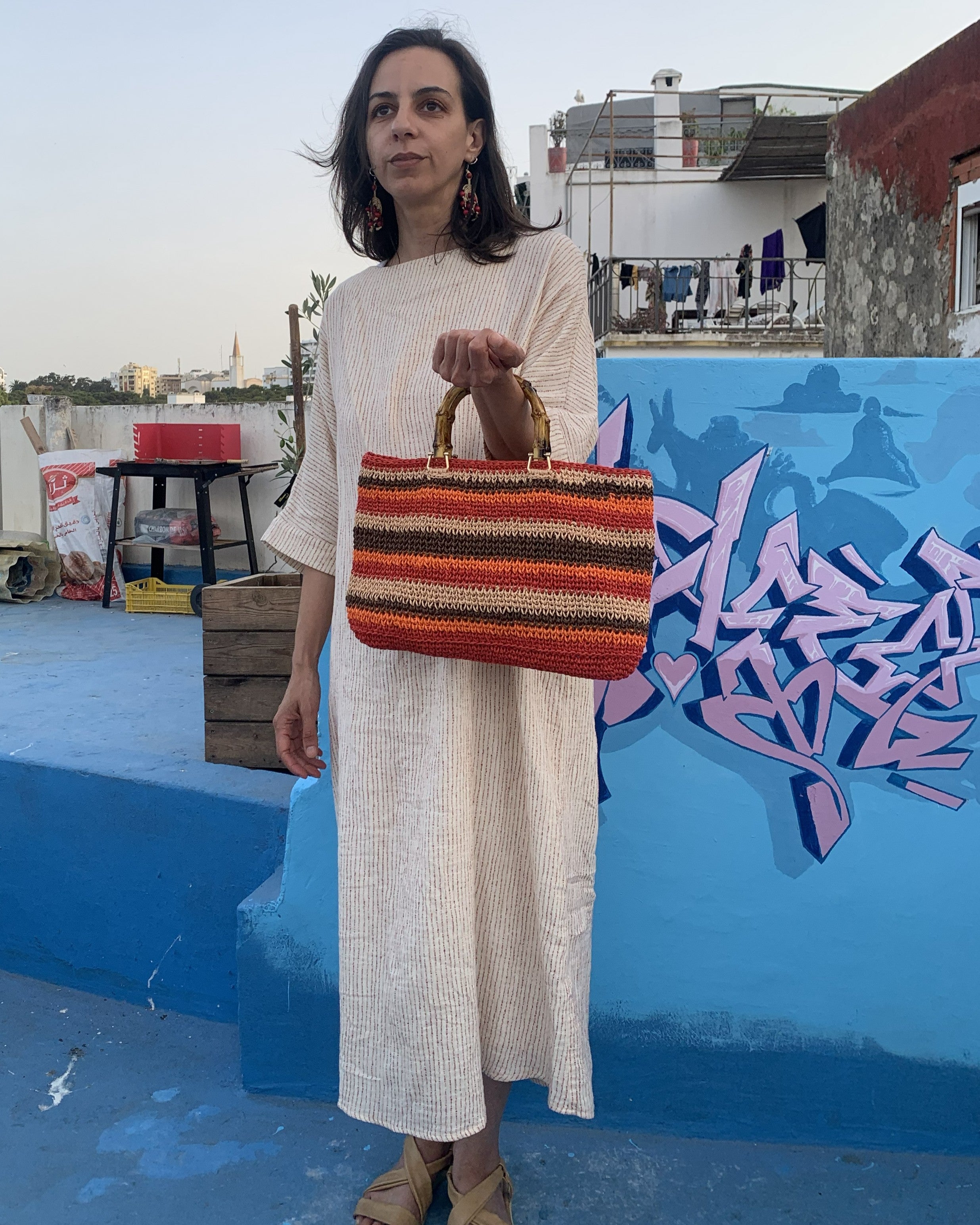 Sac cabas tressé main | Raphia |  Rayures terracotta