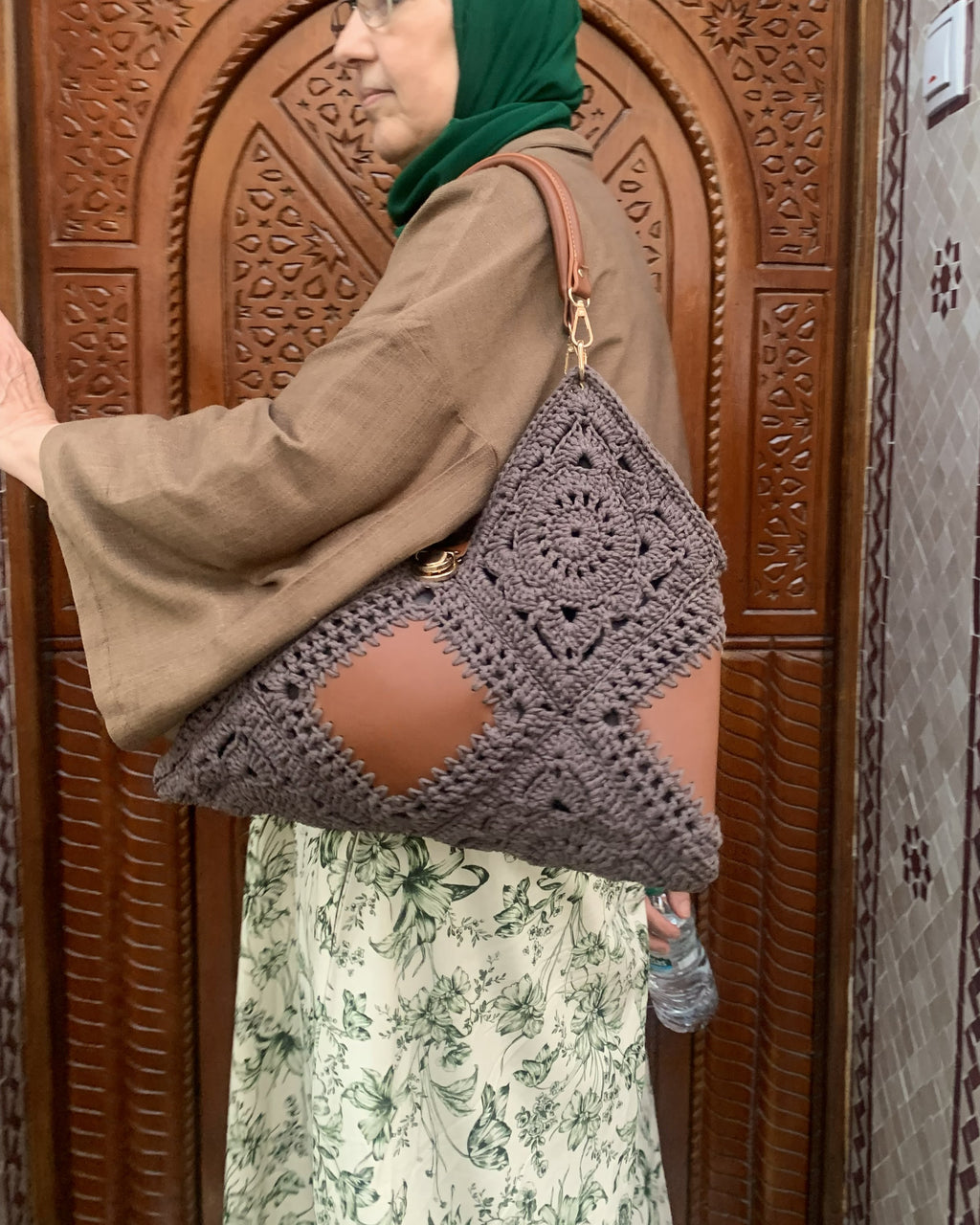 Sac Carrés | Coton Crocheté et cuir | Taupe