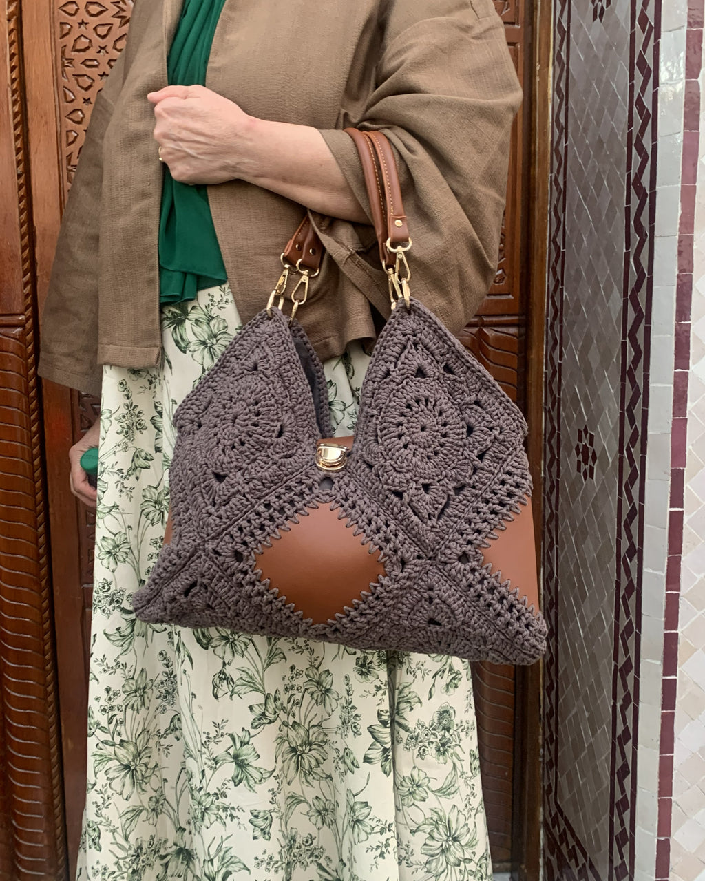 Sac Carrés | Coton Crocheté et cuir | Taupe
