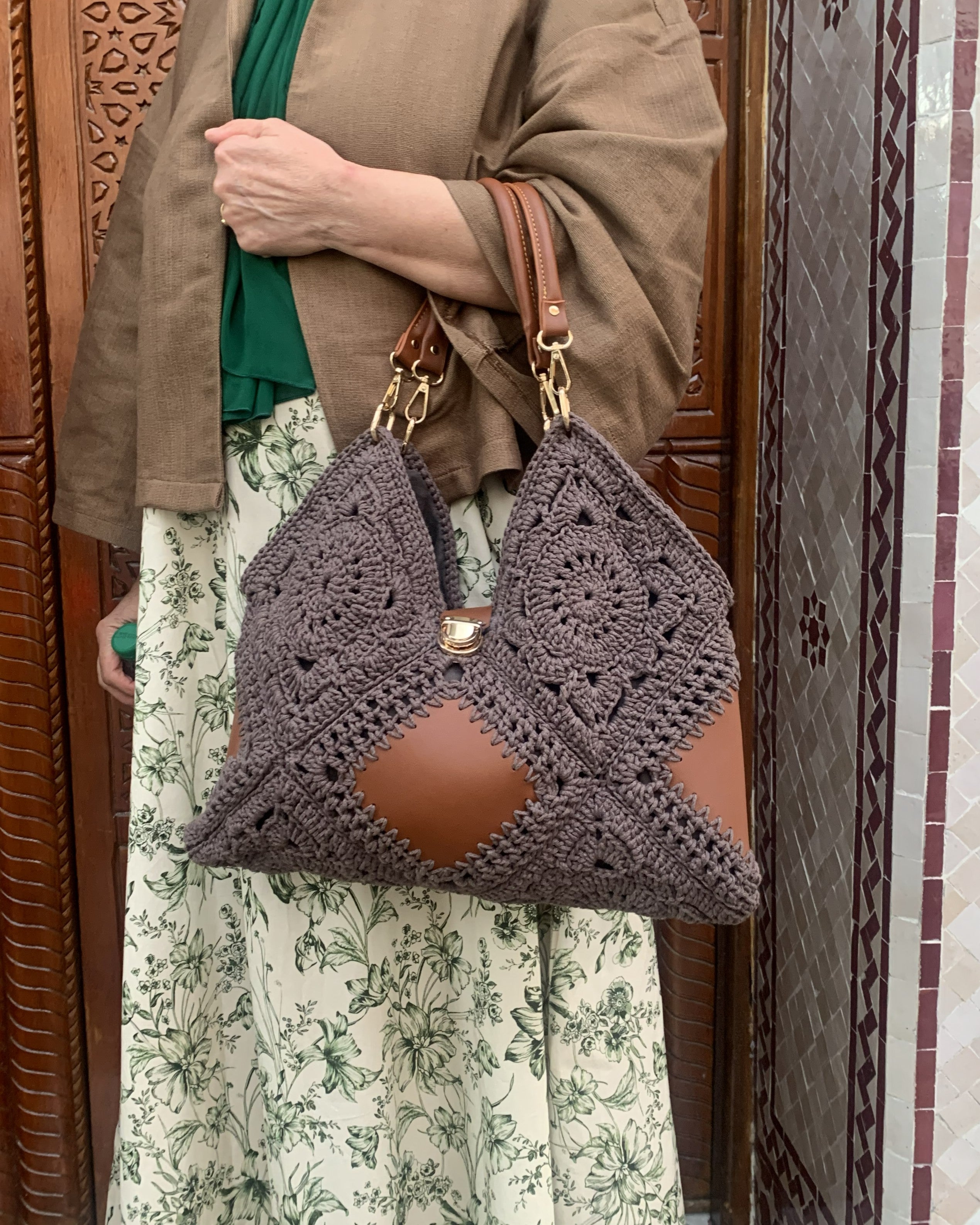 Sac Carrés | Coton Crocheté et cuir | Taupe