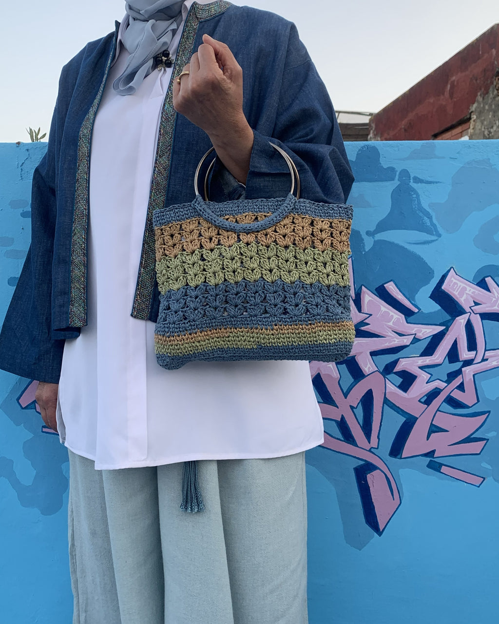 Sac Mosaïque | Raphia | Bleu Sauge
