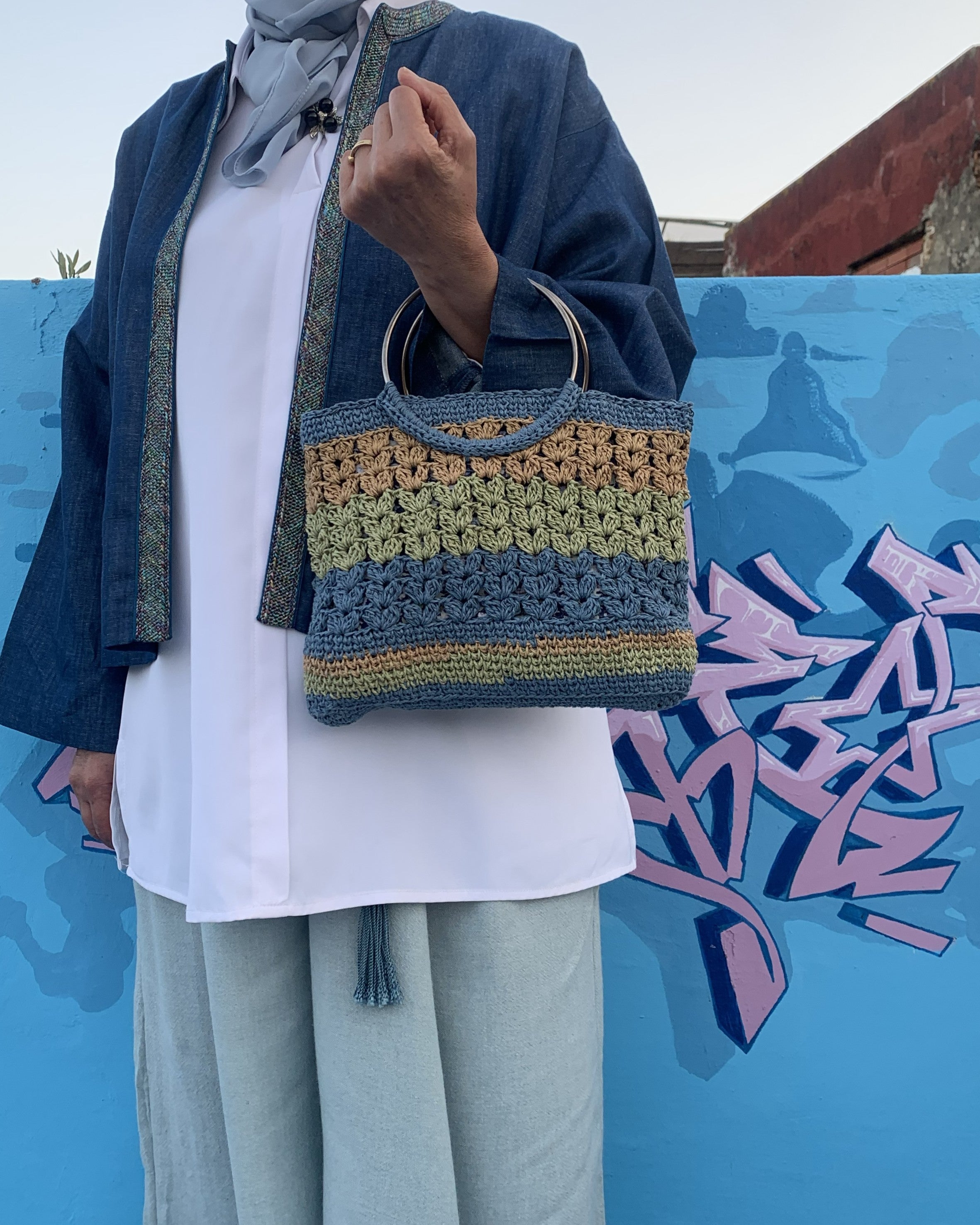 Sac Mosaïque | Raphia | Bleu Sauge