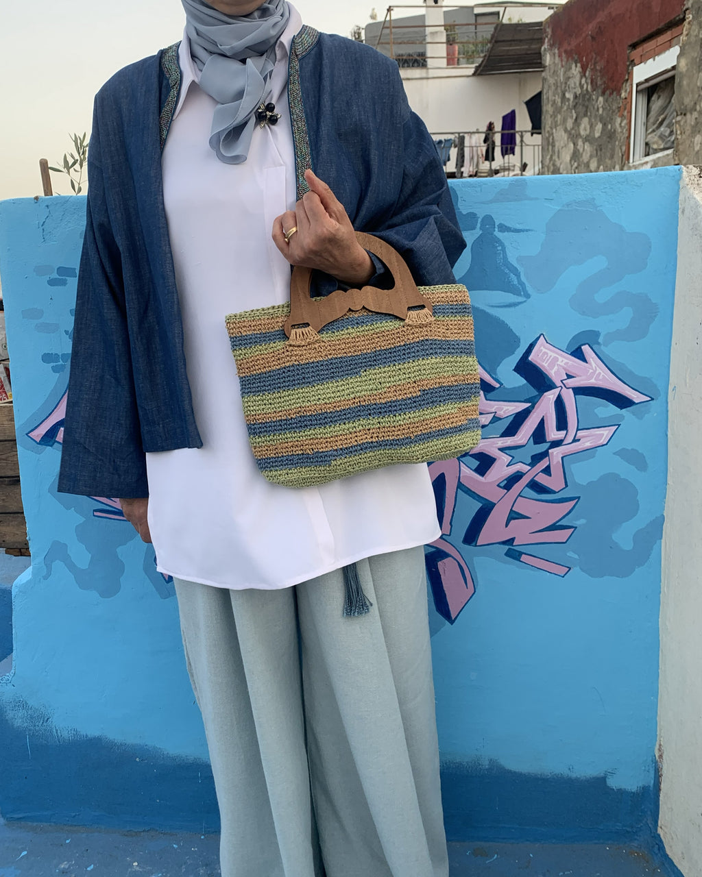 Sac Rayé | Raphia | Vert Kaki