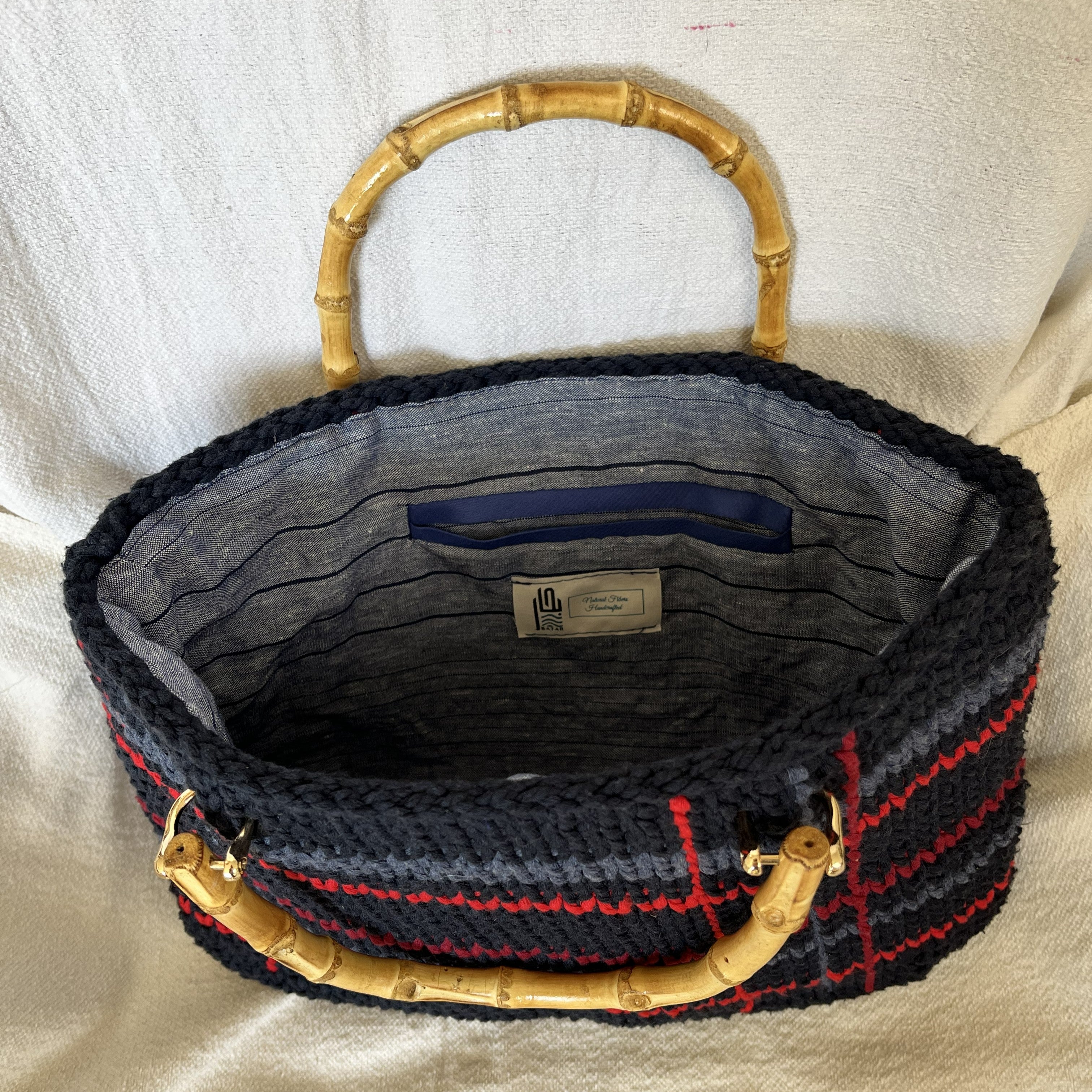 Sac porté main | Coton | Bleu marine à rayures rouges