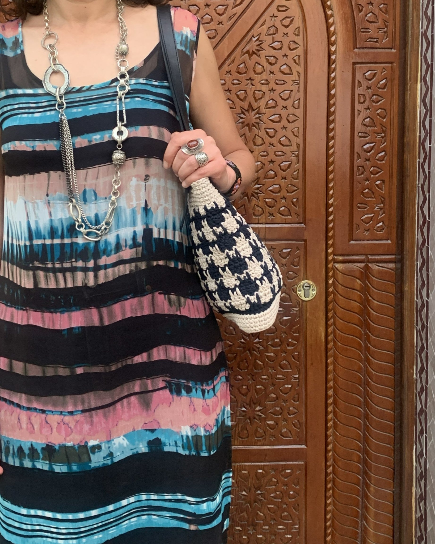 Sac porté épaule | Coton | Motif pixel noir et blanc