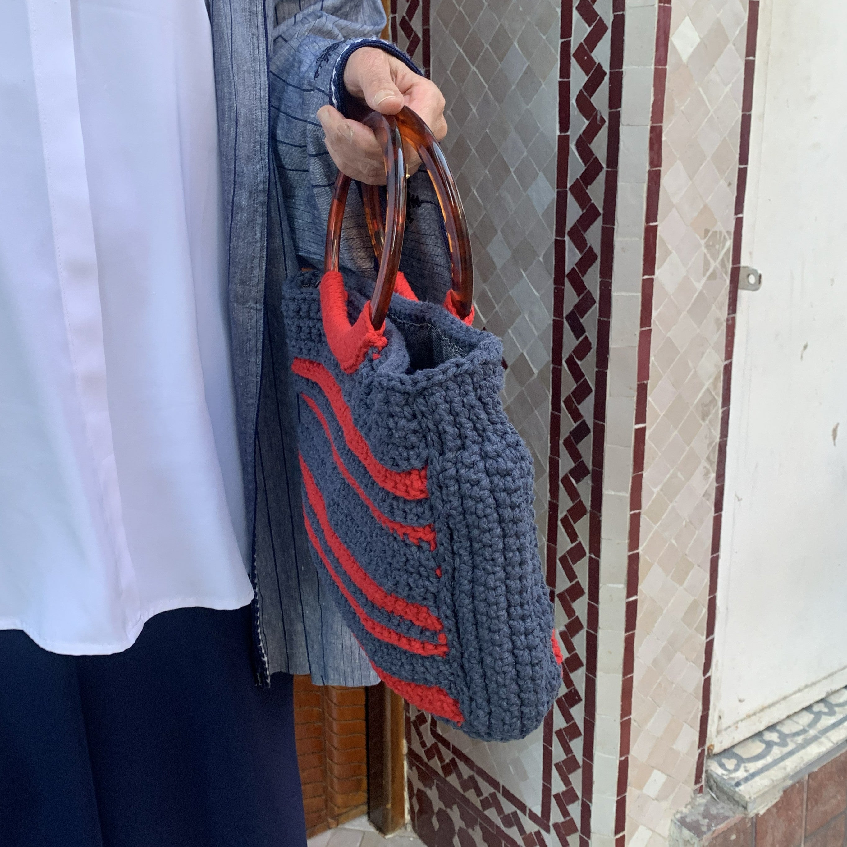 Sac porté main | Coton | Rouge et bleu
