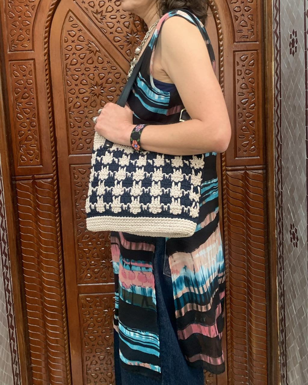 Sac porté épaule | Coton | Motif pixel noir et blanc